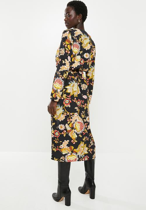 edit - Longsleeve crepe mock wrap midi dress - multi