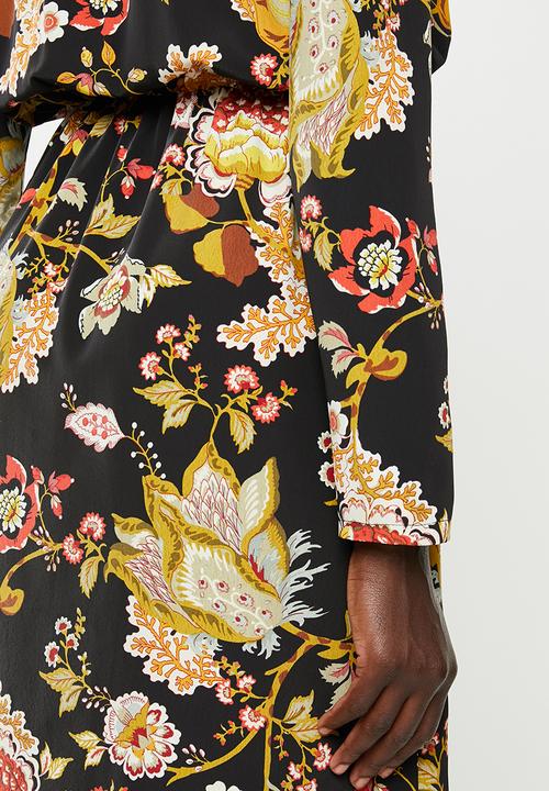 edit - Longsleeve crepe mock wrap midi dress - multi