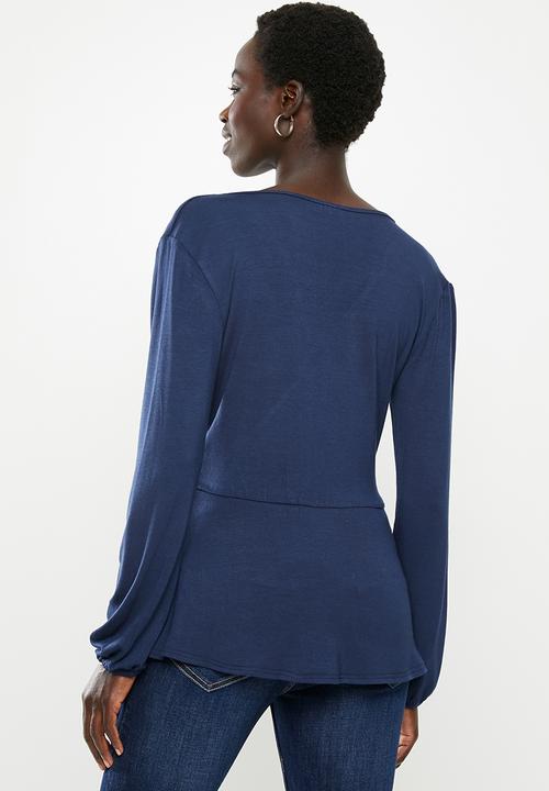 edit - Long sleeve waisted mock wrap top - navy