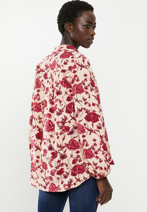 edit - Piecrust balloon sleeve blouse - pink & burgundy 