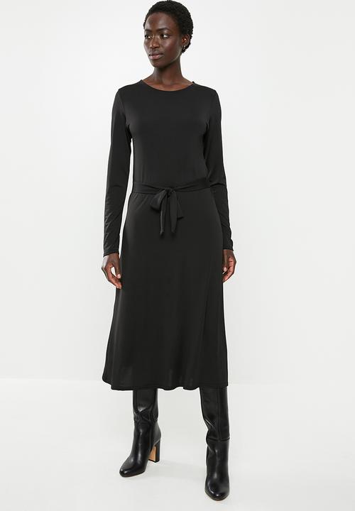 edit - Long sleeve belted midi fit & flare dress - black