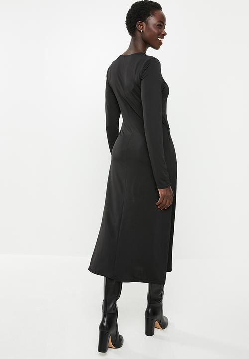 edit - Long sleeve belted midi fit & flare dress - black