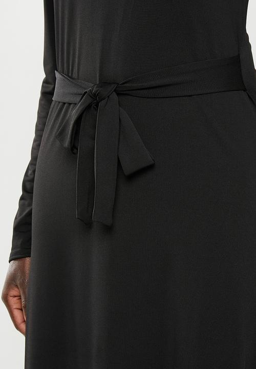edit - Long sleeve belted midi fit & flare dress - black