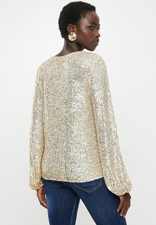MILLA - Sequin blouse with balloon sleeve - champagne