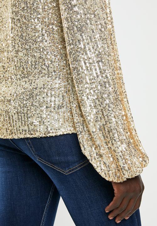 MILLA - Sequin blouse with balloon sleeve - champagne