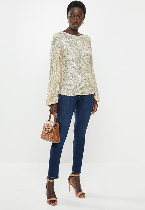 MILLA - Sequin blouse with balloon sleeve - champagne