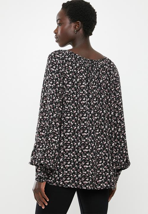 edit - Gauged boat neck blouse - black & pink