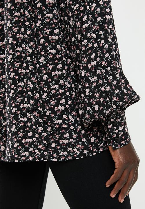 edit - Gauged boat neck blouse - black & pink