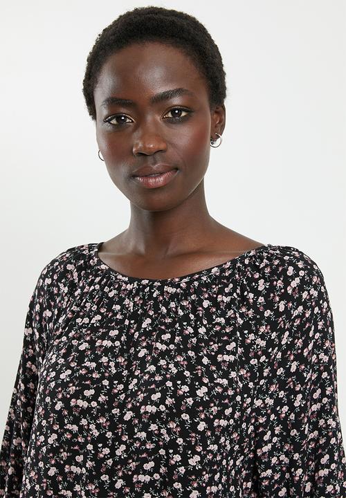 edit - Gauged boat neck blouse - black & pink