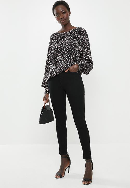 edit - Gauged boat neck blouse - black & pink