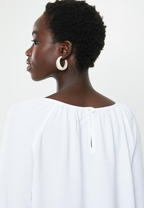 edit - Gauged boat neck blouse - white