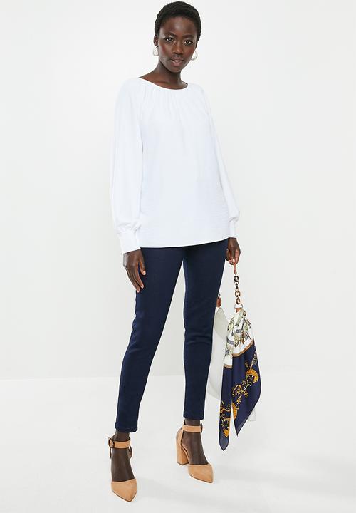 edit - Gauged boat neck blouse - white