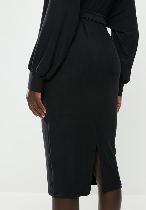 edit - Cut & sew belted midi dress - black