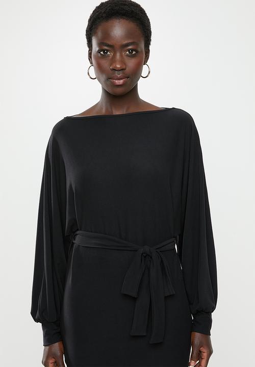 edit - Cut & sew belted midi dress - black