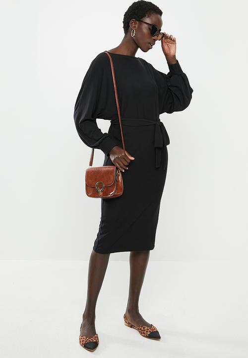 edit - Cut & sew belted midi dress - black