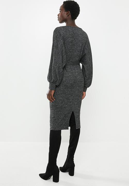 edit - Cut & sew belted midi dress - grey