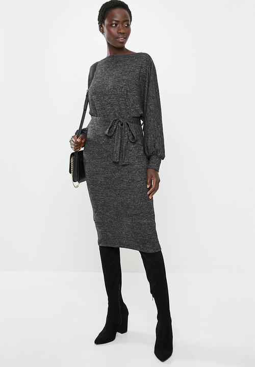 edit - Cut & sew belted midi dress - grey