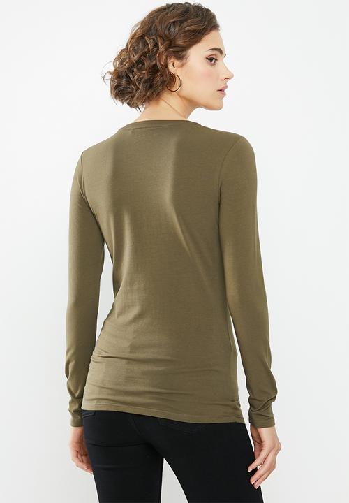 GUESS - Long sleeve pearl logo tee - khaki