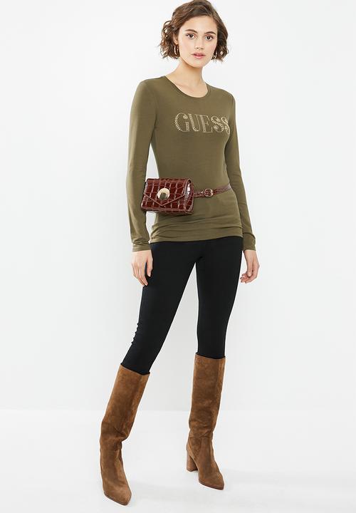 GUESS - Long sleeve pearl logo tee - khaki