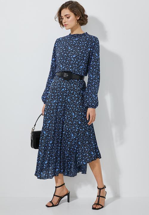 Superbalist - Asymmetric pleated midi skirt - black & blue