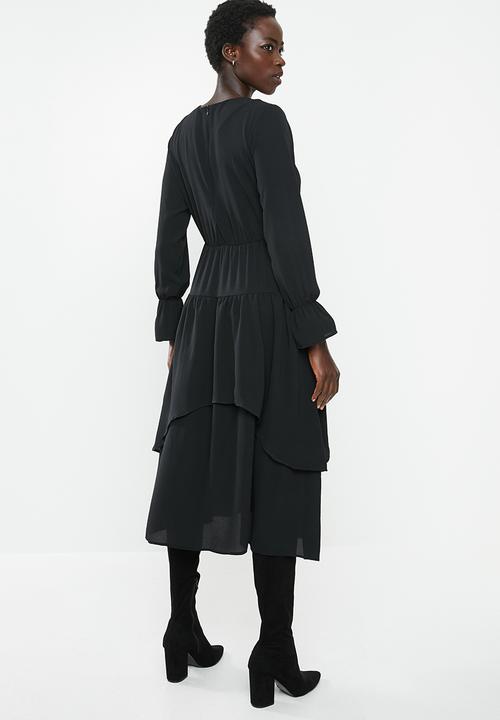 edit - Tiered romantic midi dress - black