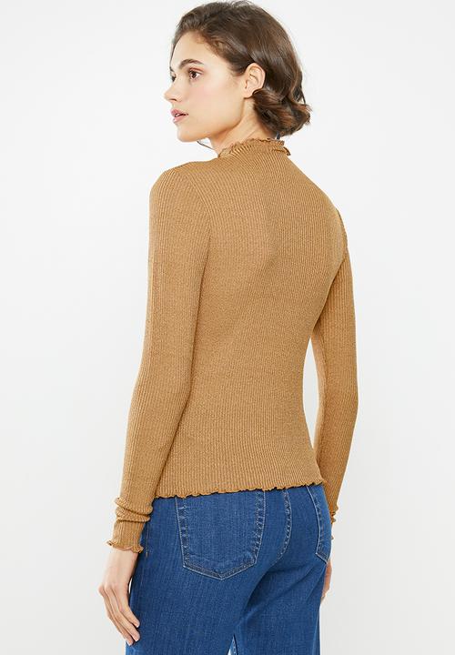 Vero Moda - Ophelia long sleeve high neck frill top - brown