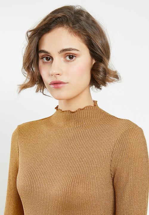 Vero Moda - Ophelia long sleeve high neck frill top - brown