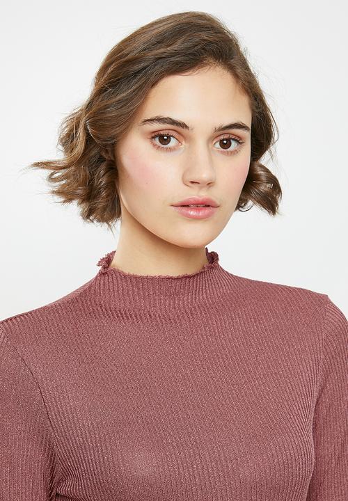Vero Moda - Ophelia long sleeve high neck frill top - mauve