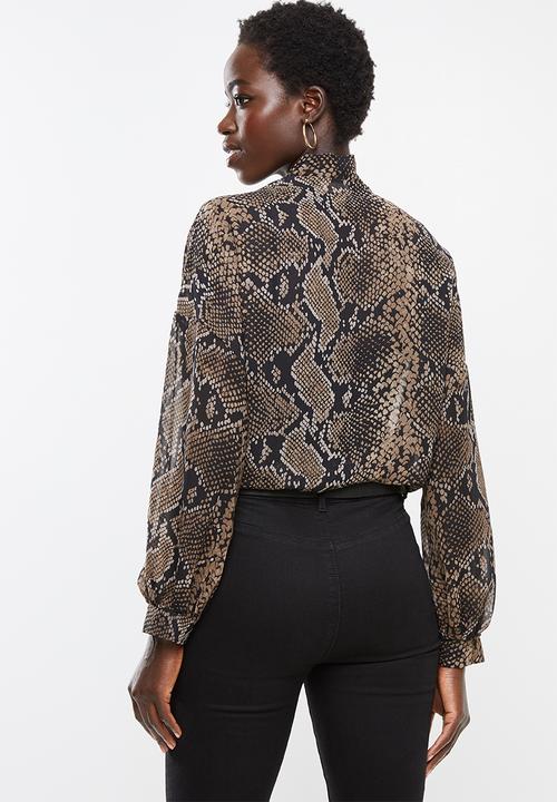 edit - Long sleeve chiffon kitty bow blouse - brown & black 