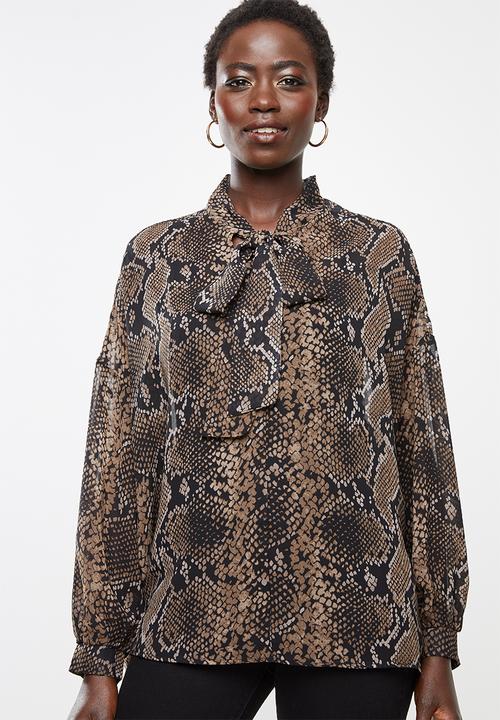edit - Long sleeve chiffon kitty bow blouse - brown & black 