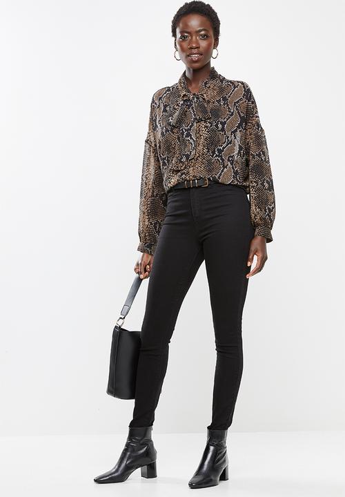 edit - Long sleeve chiffon kitty bow blouse - brown & black 