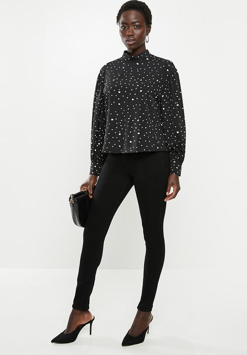 edit - Satin high neck blouse - black & white 