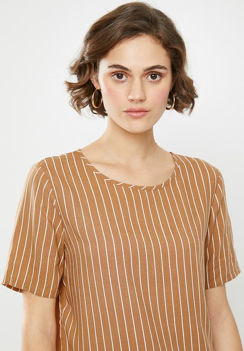 Jacqueline de Yong - Starr life short sleeve top - brown & white 