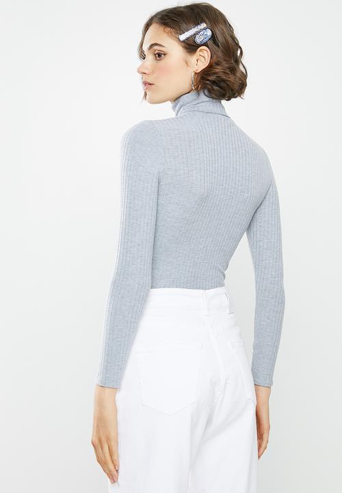 Missguided - Ribbed high neck long sleeve bodysuit - grey