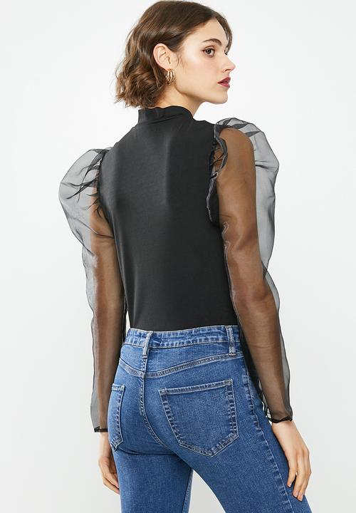 Missguided - Organza puff long sleeve high neck top - black