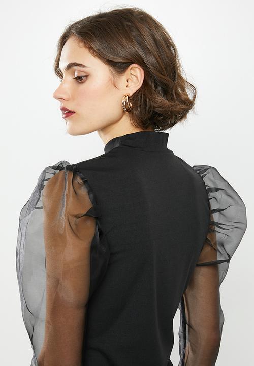 Missguided - Organza puff long sleeve high neck top - black