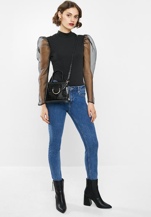 Missguided - Organza puff long sleeve high neck top - black