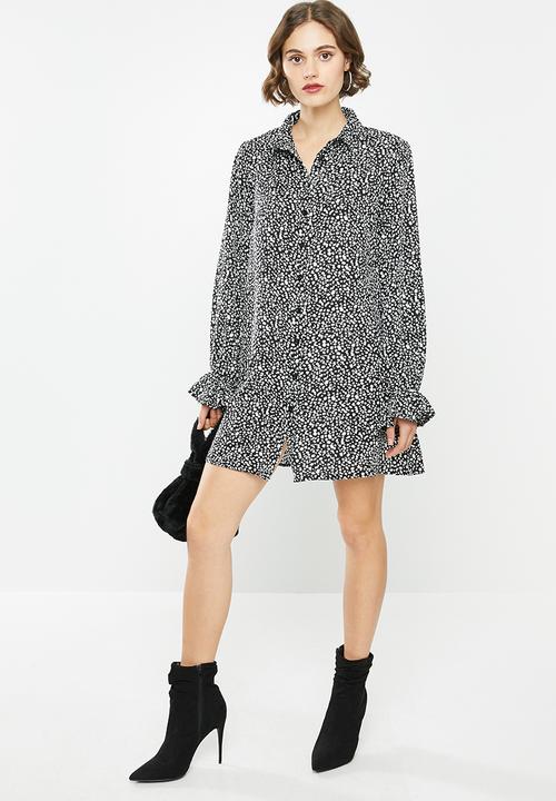 Missguided - Frill cuff shirt dress dalmatian - black