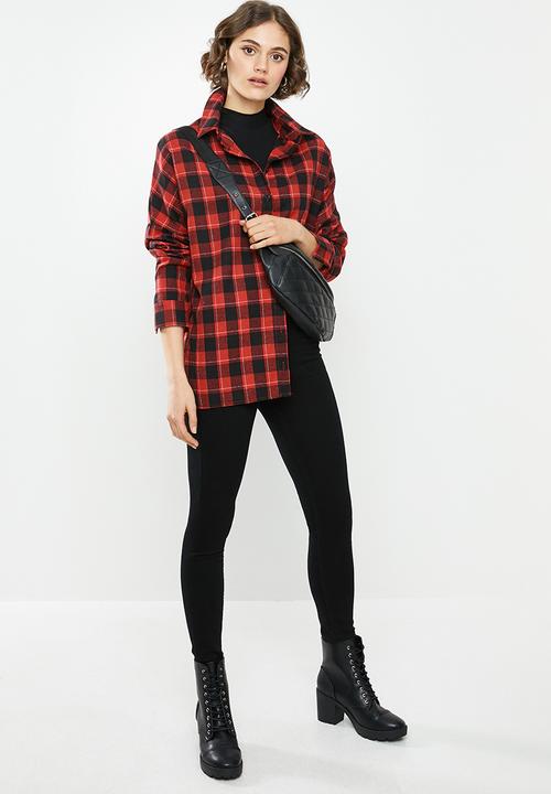 Missguided - Oversized brushed check shirt - red & black