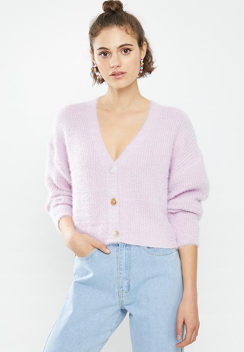 purple fluffy cardigan