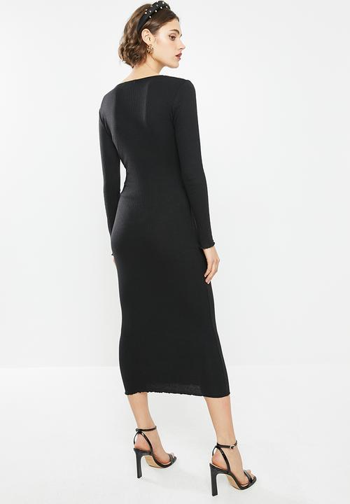 Missguided - Rib knot front long sleeve midi dress - black