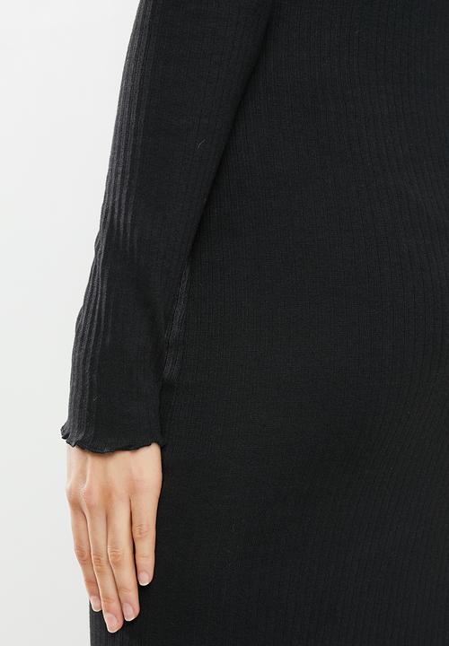 Missguided - Rib knot front long sleeve midi dress - black