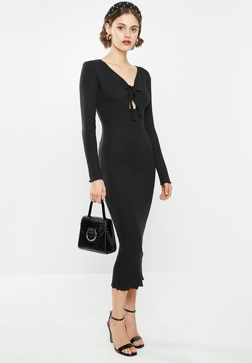 Missguided - Rib knot front long sleeve midi dress - black