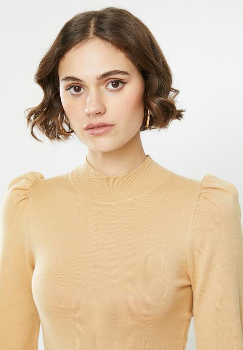 Missguided - Puff sleeve belted midi dress - beige