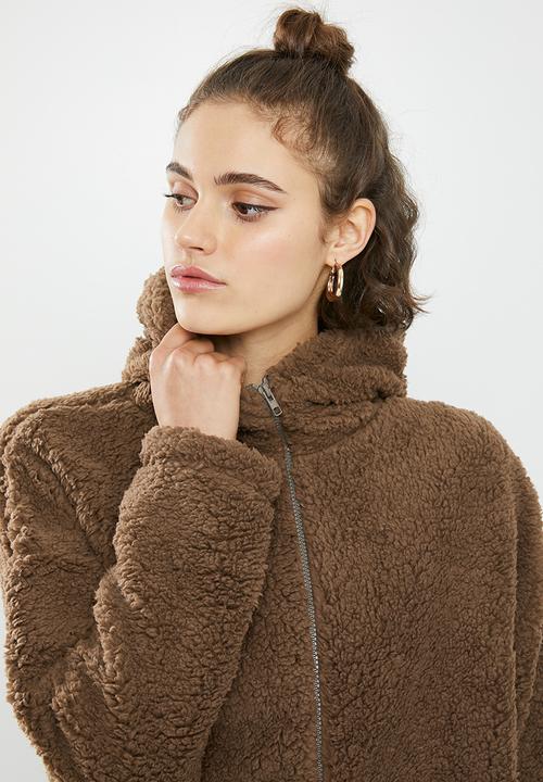 Missguided - Borg zip through long sleeve hoodie - brown