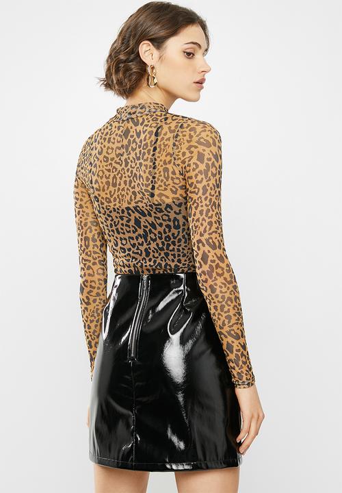 Missguided - Leopard high neck mesh long sleeve bodysuit - brown & black 