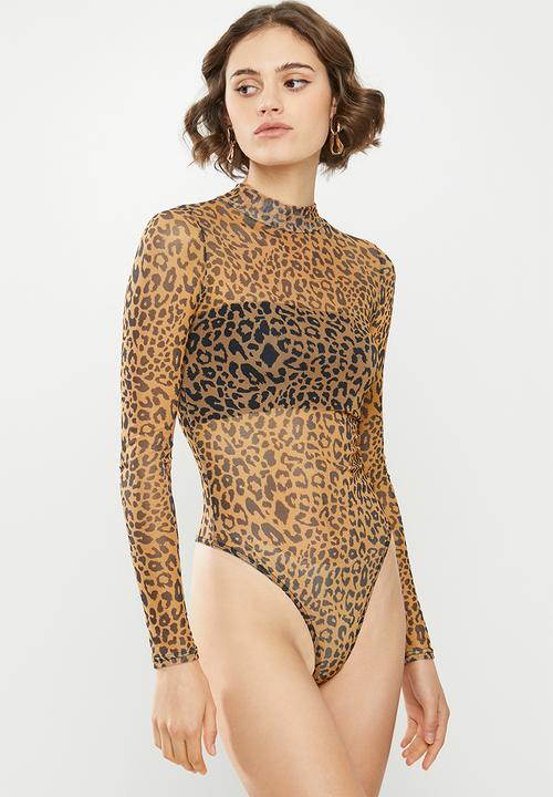 Missguided - Leopard high neck mesh long sleeve bodysuit - brown & black 