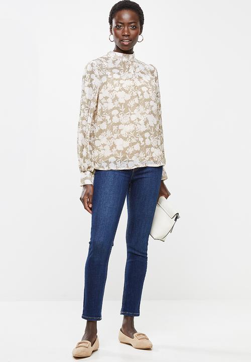 edit - Pearl trim chiffon blouse - beige 