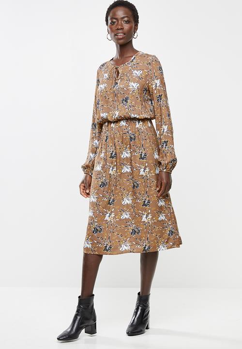 edit - Long sleeve neck tie peasant swing dress - multi