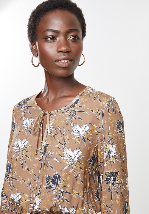 edit - Long sleeve neck tie peasant swing dress - multi